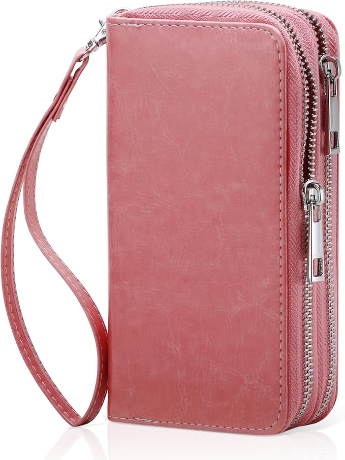 Cellphone Wallet for Women Dual Zipper Long Purse with Removable Wristlet