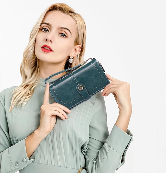 RNIEGA Womens Wallet Leather Billfold RFID Blocking Credit Card Holder Wristlet Wallets for Women Ladies Purses with Zipper Coin Pocket
