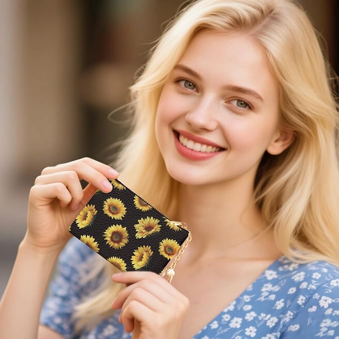 Sunflower Keychain Coin Purse for Women, Small PU Leather Change Pouch, Zipper Little Tiny Travel Wallet for Girls, Cute Kawaii Zip Pocket Coin Holder with Key Ring