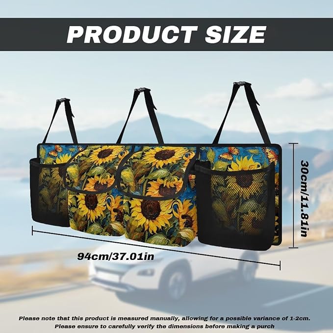 Sunflower Print Car Trunk Organizer Hanging Detachable Car Backseat Storage Bag Foldable Multipurpose Storage Bag for Automotive Trunk Storage and Decoration