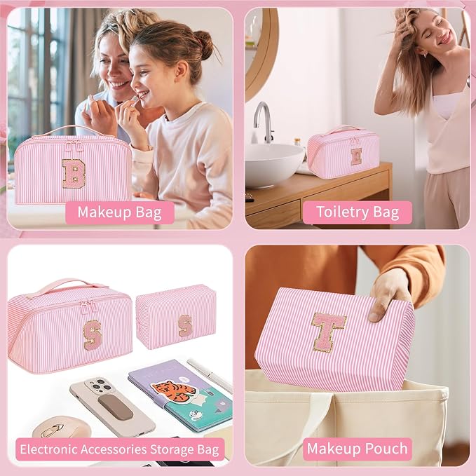 Initial Makeup Bag, Portable Water-resistant Monogram Cosmetic Bag Set, Travel Toiletry Bag with Brush Holder, Personalized Gifts for Friend Teacher Mom Wife, Pink P