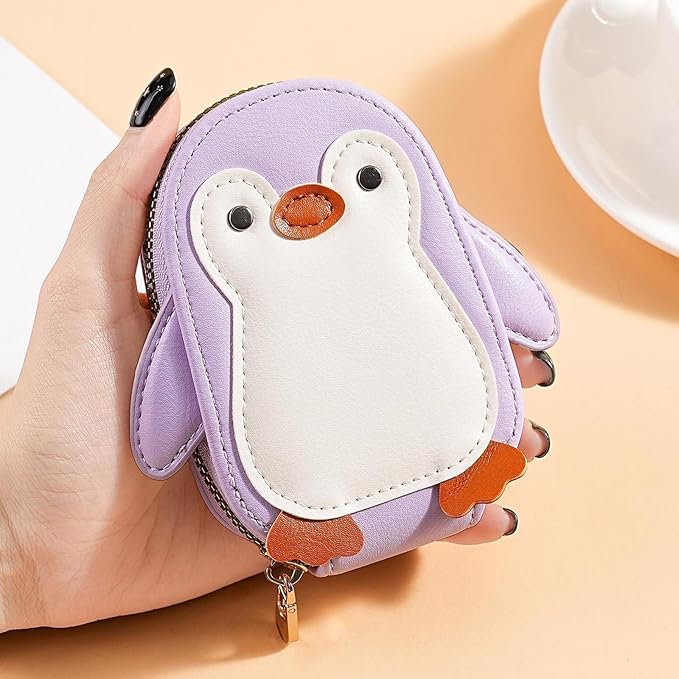Cute Cartoon Penguin-shaped Coin Purse PU Leather Accordion Card Holder Large Capacity Zippered Money and Card Organizer Portable Mini Coin Purse (Purple)