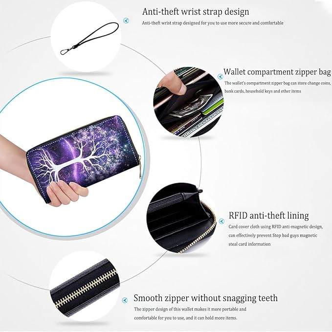 Bxgolkgd Womens Wallet, RFID Blocking Leather Wallet,Large Capacity Wallet Credit Card Holder PU Leather Ladies Clutch with Zipper Coin Pocket - Tree of Life