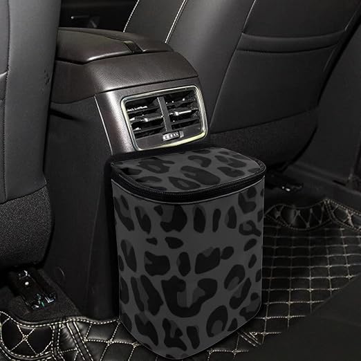 Black Leopard Car Trash Can, Waterproof Car Garbage Can with Lid and Zip Clouse, Leak Proof Portable Car Trash Bag Hanging Vehicle Organizer