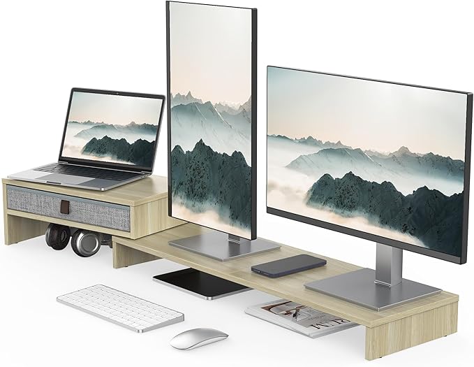 Fenge Computer Monitor Riser Stand with Drawer for 2 or 3 Monitors ,Adjustable Length and Angle Desktop Laptop Stand,Office Organizer,Printer,Oak
