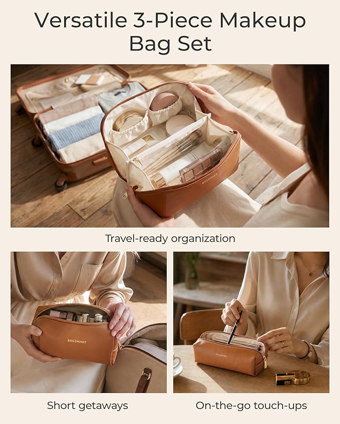 BAGSMART Makeup Bag Travel 3 Pcs Set Cosmetic Bag, Large Make Up Bag Flat Open Toiletry Bag for Women, PU Leather Travel Essentials Organizer Case, Wide-open Pouch for Skincare, Brushes, Camel