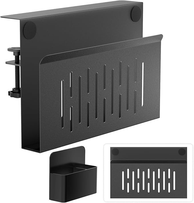 Onemake Desk Side Storage, No Drill Laptop Holder, Clamp on Desks Shelf with Magnetic Pen Holder, Hanging Desk Organizer for Home Office, Fits Flat Edge Tables 0.4" to 2.3"
