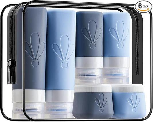 INSFIT travel bottles for toiletries 6 Pack, Leak proof Travel Size Toiletries Containers with toiletry bag, Squeezable Silicone Bottles & Cream Jars, Travel Essentials BPA-Free set for Shampoo