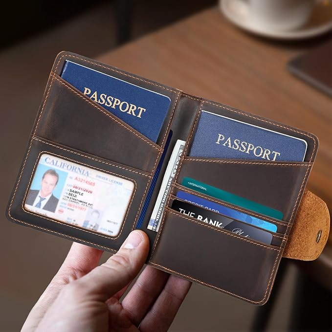 Polare Full Grain Leather Slim and Soft RFID Blocking wallet For Men Snap Bifold Travel Wallet Passport Holders 2 Passports (Dark Brown)