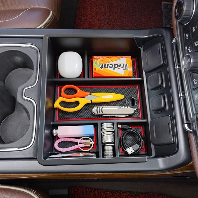 TACOBRO Full Center Console Organizer Compatible with 2014-2018 Sierra 1500 /Silverado 1500 Accessories 2015-2019 Silverado/Sierra 2500 3500HD Compartment Cover Insert Tray Storage, Red