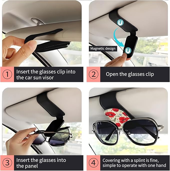 Sunglasses Holder for Car Visor, PU Leather Glasses Clip Organizer, Cute Magnetic Eyeglass Holder for Vehicle Sun Visor, Car Interior Accessory for Women & Men Red Poppy Flowers