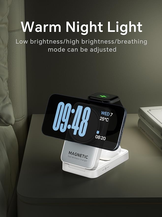 2026 Upgraded 3-in-1 Wireless Charger for iPhone,Travel Magnetic Charger Stand Nightlight Foldable Wireless Charging Station Compatible with Magsafe Charger&iPhone 17/16/15/14/13,Apple Watch&AirPods
