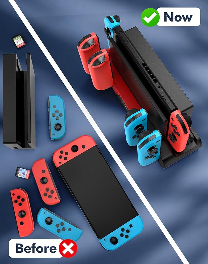 Charging Dock Compatible with Nintendo Switch/OLED Joy-Cons, Charging Station Supports simultaneous Charging of 4 Joy-con, Fully Charges Controllers in Just 2 Hours, All in One Solution for Switch