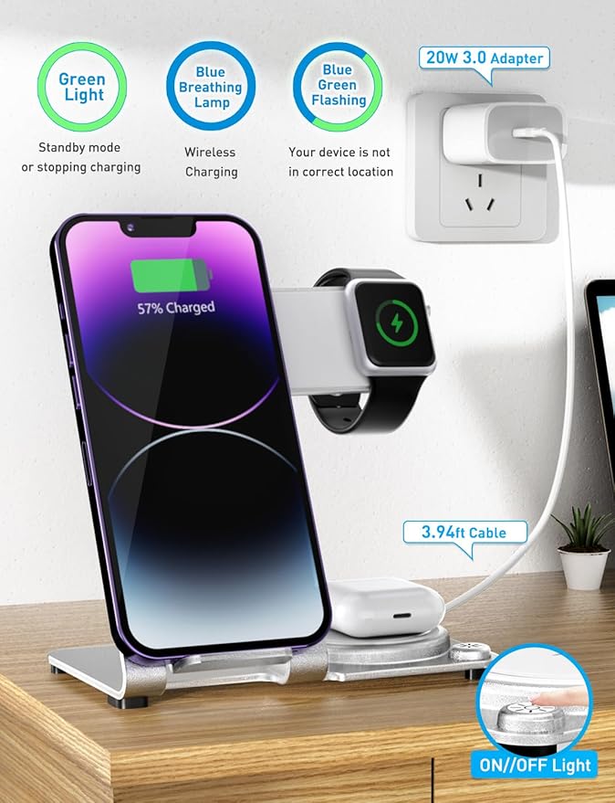 3 in 1 Charging Station for Multiple Devices Apple - Aluminum Alloy Fast Wireless Charger Stand Dock for iPhone 15/14/13/12/11/Pro/Max/XS/XR/X/Plus,for Apple Watch AirPods Desk Beside White