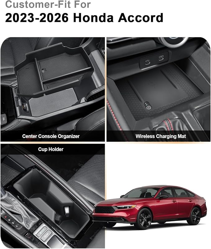 ECOZEN Center Console Organizer For 2023-2026 Honda Accord - 3 Pcs Armrest Box Storage Tray + Silicone Wireless Charging Area Mat + TPE Cup Holder For 2023-2026 Accord Hybrid Accessories