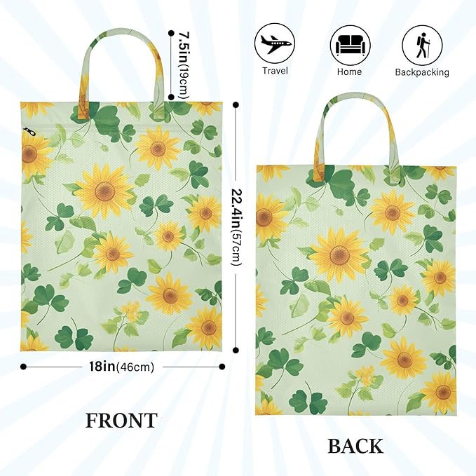 Travel Laundry Bags 2 PC Wet Dry Bag with Handle Dirty Clothes Organizer for Swimsuits Beach Camping Waterproof Washable Green Sunflowers and Clover