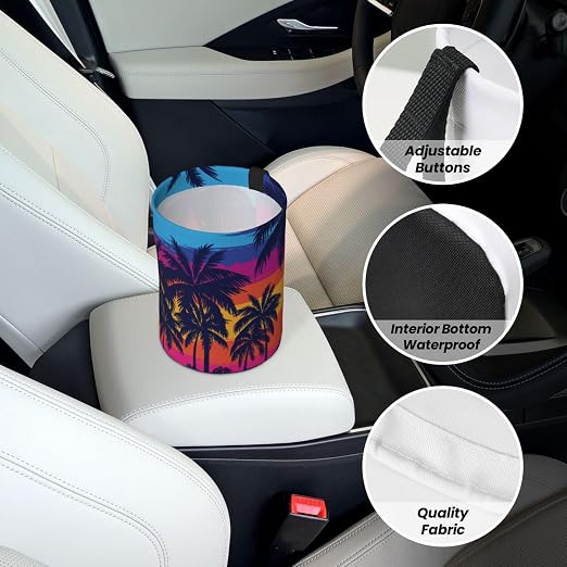 Car Garbage Bag Blue Palm Trees at Sunset Mini Car Trash Bin Portable Collapsible Waterproof Rubbish Bag for Car Accessories Back Front Seat Cup Holder