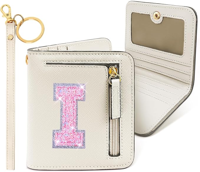 COSHAYSOO Mini Wallet with RFID Blocking Initial Monogrammed for Girls Birthday Valentines Easter Mothers Nurse Day Graduation Thanksgiving Appreciation Gifts Cream Letter I