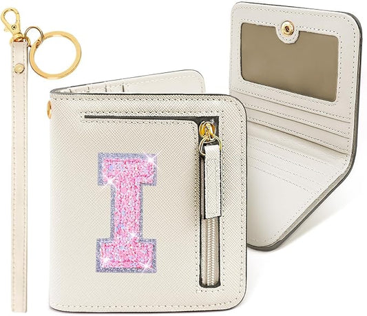 COSHAYSOO Mini Wallet with RFID Blocking Initial Monogrammed for Girls Birthday Valentines Easter Mothers Nurse Day Graduation Thanksgiving Appreciation Gifts Cream Letter I