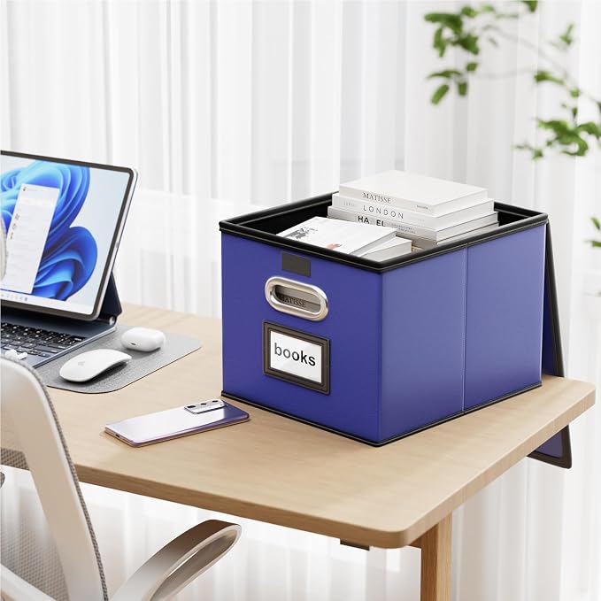 Decorative Leather File Organizer Storage Boxes with Lids Set of 4, Document Boxes Organizer, Filing Boxes, Decorative Small File Boxes for Hanging Files, File Cabinet for Office/Home - 4 Pack