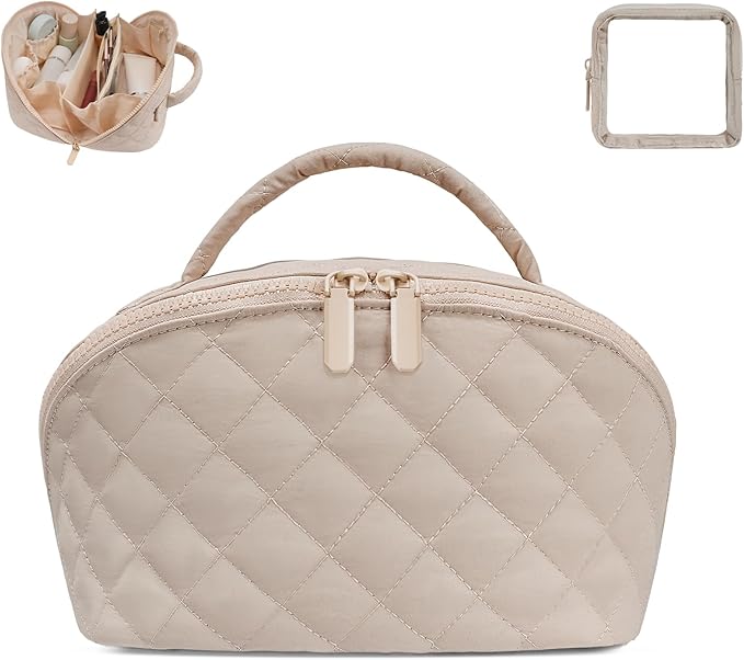 Makeup Bag,Quilted Puffer Cosmetic Bag for Women, 180° Lay-Flat Travel Make up Bag, Waterproof Large Capacity Toiletry Bag with Sturdy Zippers, Portable Makeup Organizer for Travel & Daily Use