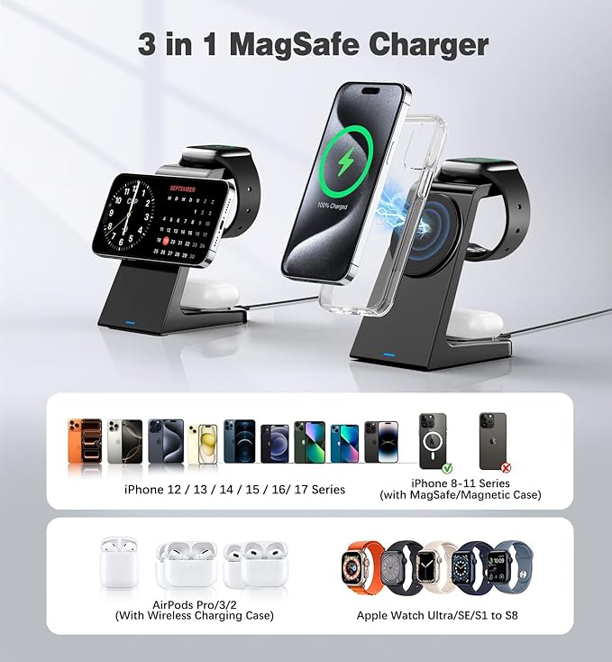 3 in 1 Magnetic Wireless Charging Station Apple 20W Charger Stand Magnetic Wireless Charger for iPhone 16 15 14 13 12 Pro/Pro Max/Plus/Mini AirPods 2/3/Pro iWatch Ultra/8/7/SE/6/5/4/3/2 (3 in 1)