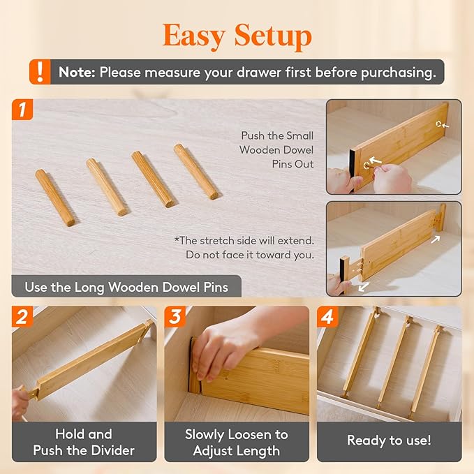 Lifewit 4" High 8 Pack Bamboo Drawer Dividers 43-54cm/17-21.5" Adjustable Wooden Drawer Organizer for Clothes/Utensils, Expandable Drawer Separator for Dresser/Kitchen/Bedroom/Office Organization