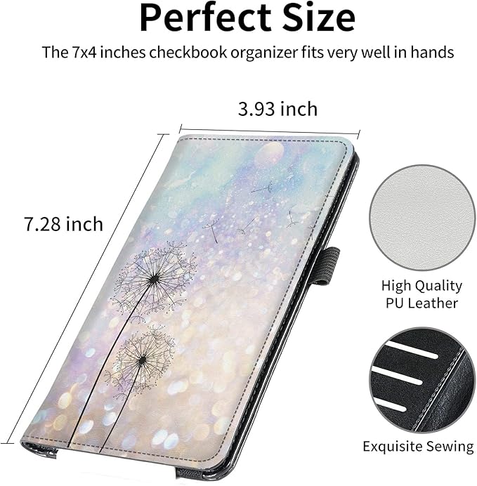 Leather Checkbook Covers for Men Women Check book Holder Cover Wallets for Personal Checkbook Duplicate Checks with RFID Blocking & Elastic Strap-Dandelion Floral
