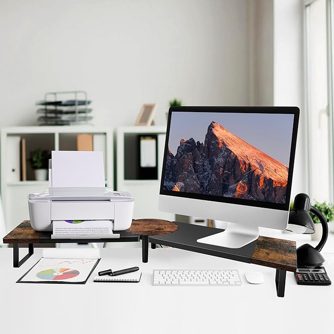 Dual-Monitor Stand for Desk - Large Adjustable Length and Angle Riser for 2 Monitors, Double Computer Desktop Organizer, Shelf for TV, Laptop, Printer