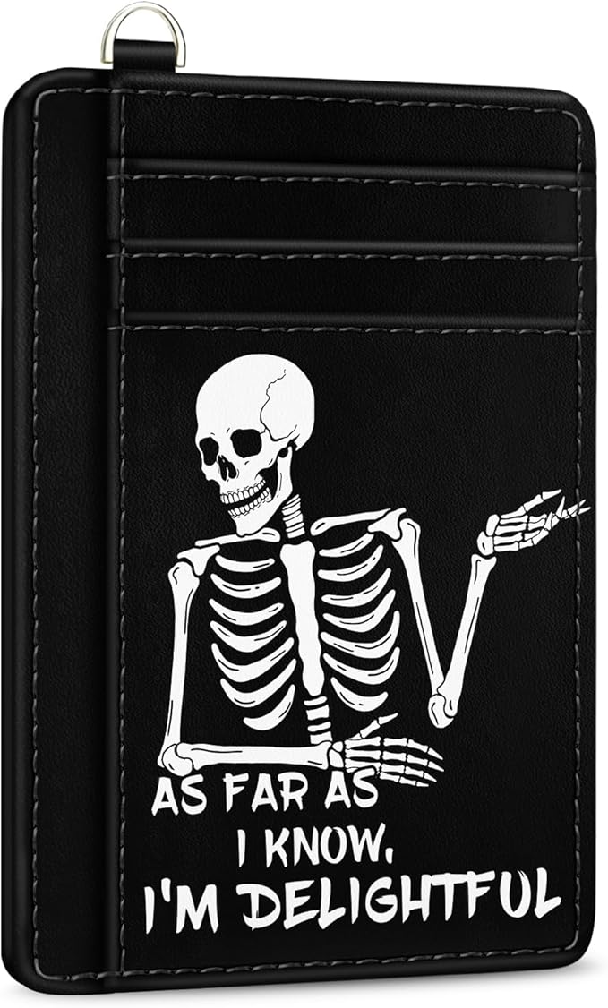 Yonlevres Skeleton Skull Credit Card Holder Slim Wallet, Funny Gothic RFID Wallet Women Front Pocket Small Card Holder, Goth Halloween Card Case ID Window PU Leather RFID Blocking Card Organizer Gifts