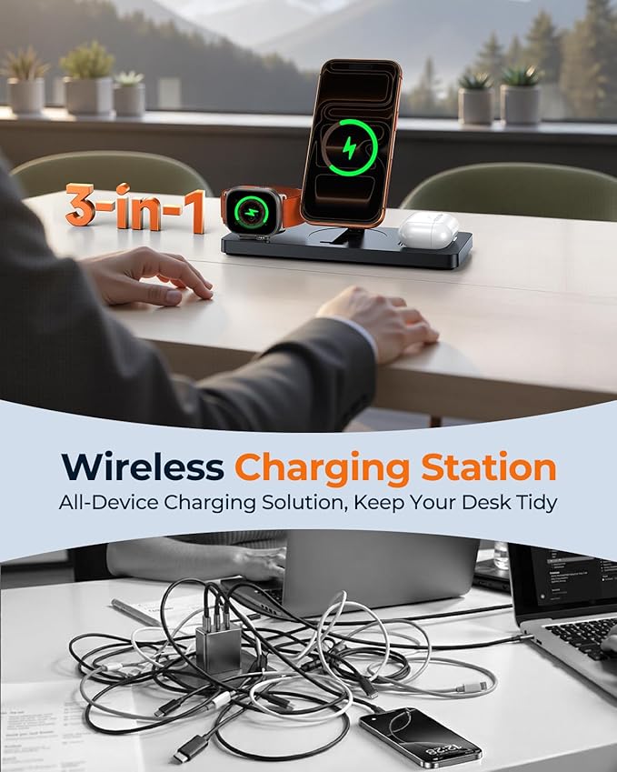 Foldable 3-in-1 Wireless Charging Station for Apple Magsafe Charger Stand, Travel-Friendly Fast Magnetic Wireless Charger Station for iPhone 17/16/15/14/13/12, Apple Watch & AirPods, Laptop Skins