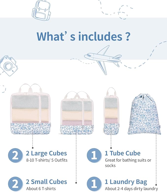 Narwey 6 Set/5 Set Compression Packing Cubes for Travel Kids Women Carry on, Packing Organizers Bag for Backpack Luggage Suitcase Duffle Bags