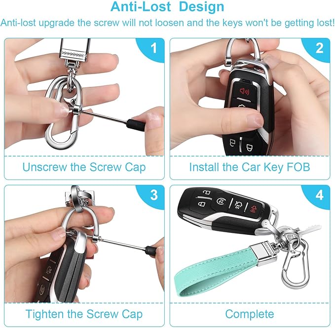 QBUC Genuine Leather Car Keychain,Universal Heavy Duty Metal Key Chain Accessories,Car Fob Key Keychain Holder with 360 Degree Rotatable Snap Swivel and Anti-Lost D-Ring for Men Women(Mint Green)
