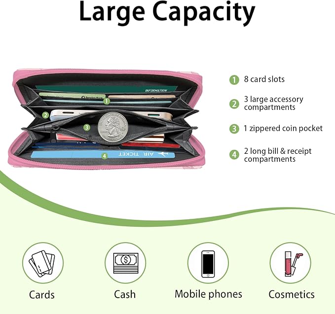 Pink Bow Wallet for Women - Slim PU Leather Womens Wallet with Cash Zipper Coin Purse, Small Credit Card Holder Travel Wallet, Wristlet Wallets for Female Ladies Teen Girls Purse (Girly Gift)