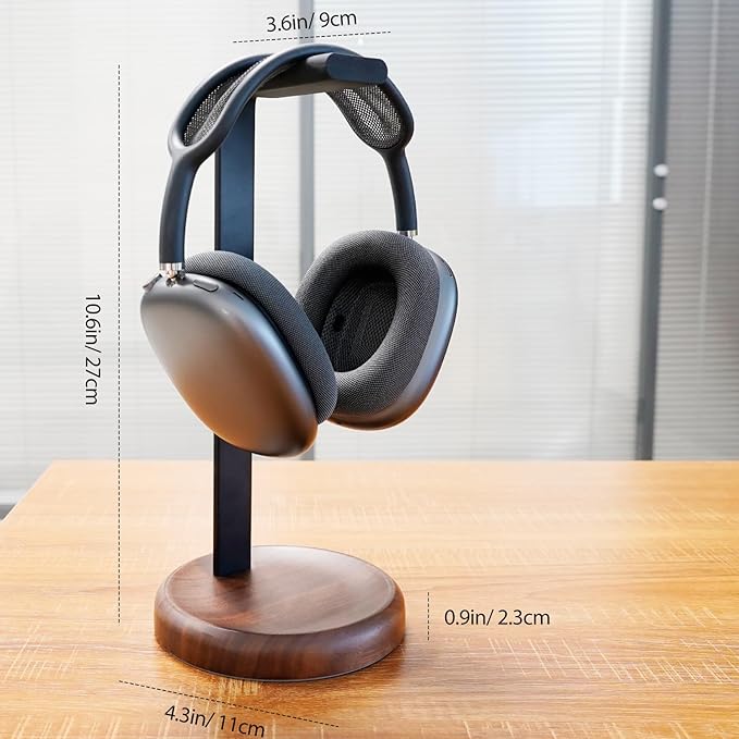 GEVO Headphone Stand for Desk - Walnut Wood & Aluminum Headset Stand, Universal Wooden Gaming Headphone Holder for AirPod Max, Bose, Sony, Razer, Jabra, JBL (Walnut Circular Base)