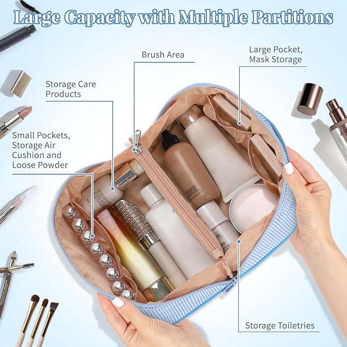 2026 Graduation Gifts - Travel Makeup Bag for Women, 2Pcs Portable Personalized Initial Makeup Organizer Bag, Open Flat Large Cosmetic Bag With Travel Essential Pouch (Blue Letter E)