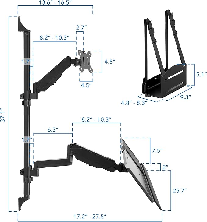 Mount-It! Single Monitor Arm Wall Mount Workstation with Keyboard Tray & CPU Holder, Height Adjustable Gas Spring Full Motion Computer Station, Fits 17??2??VESA 75x75 100x100, Black
