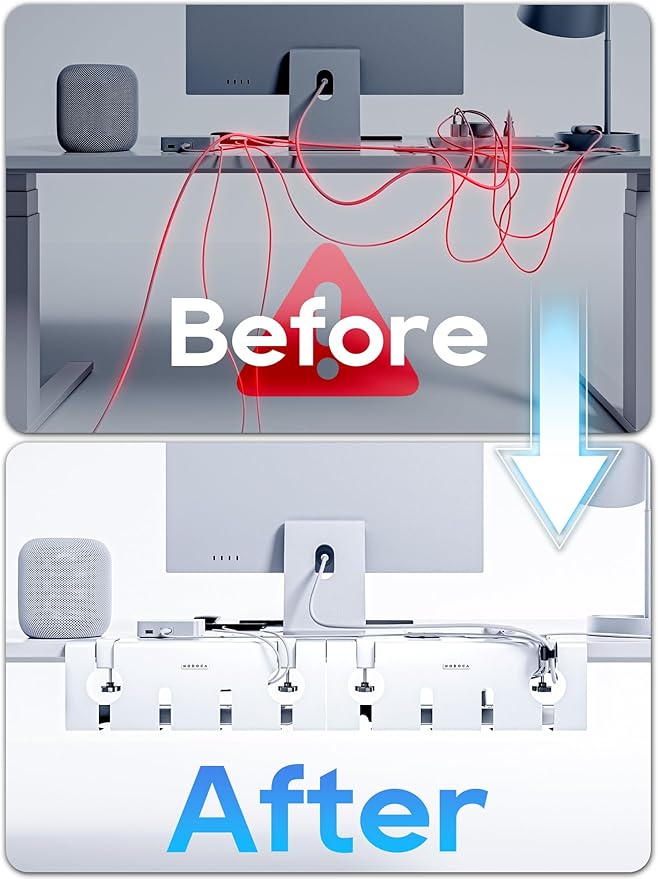 NODOCA No Drill Under Desk Cable Management Tray, 17'' Wire Management, Punch-Free Clamp on, Metal Cable Tray, Wire Organizer Under Desk, Under Dessk Basket for Office and Home, White