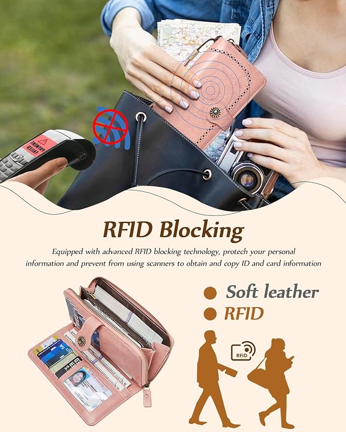 TFKGS Wallet for Women RFID Blocking Leather Large Capacity Card Holder Ladies Phone Clutch Travel Long Purse Wristlet | RFID Blocking, Leather, Large Capacity, Ladies, Travel