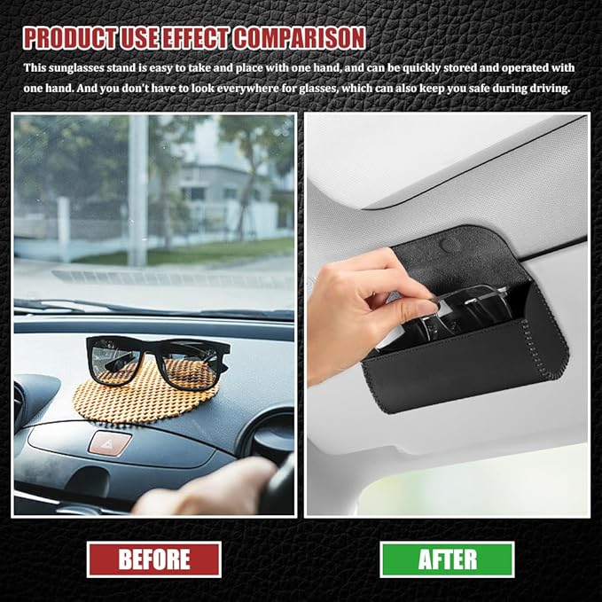 Sunglasses Holder for Car Sun Visor, Leather Auto Eyeglasses Storage Case with Hidden Magnetic Closure, Universal Protective Glasses Organizer Box, Visor Accessories for Woman Man (Black)
