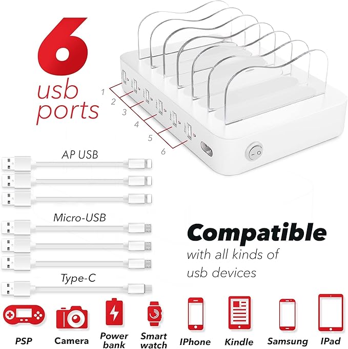 USB Charging Dock - 6-Port Universal Charging Station for Multiple Devices - Multi Device Charger Station - Compatible with Apple, iPad, iPhone, and Android Cell Phones and Tablets