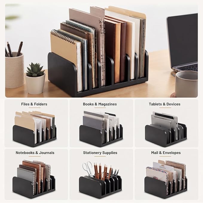 Lineshading Bamboo Letter Organizer, 5 Compartments Desk Mail Organizer, Desktop Envelope Holder and Letter Sorter, Countertop Paper File Holders with Anti Slip Mat for Home Office(Black)