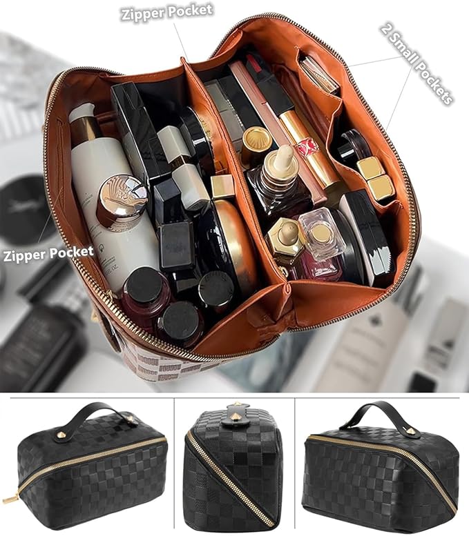 Checkered Travel Makeup Bags Cosmetic Organizer Bag: 2-Set Large Capacity Waterproof Makeup Bag - PU Leather Toiletry Bag for Women - Wide Open Portable Pouch with Handle and Divider (BLACK)