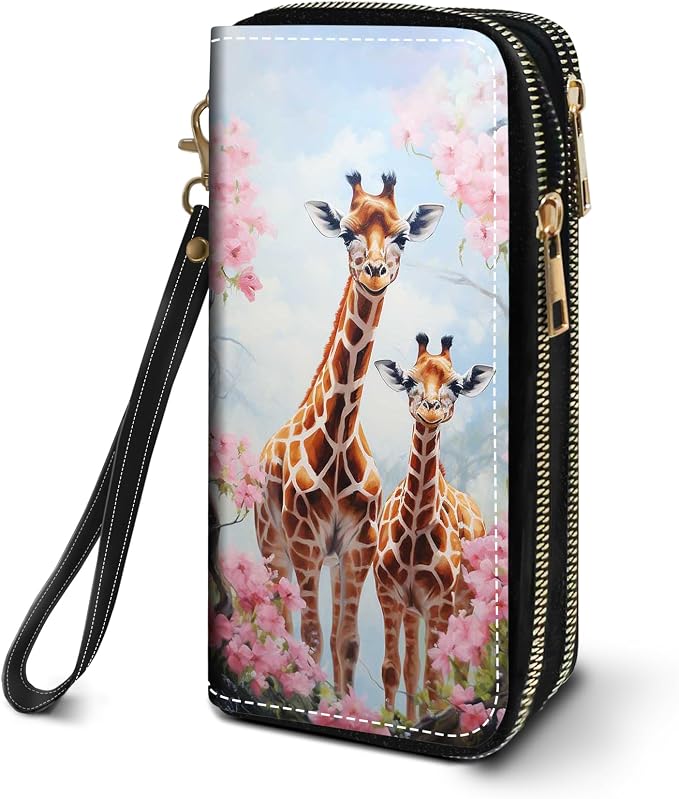 Women's Large Capacity Wallet PU Leather Double Zipper Clutch Purse Multifunctional Wallet with Removable Wristlet Strap for Smart Phone/Coin/Card/Cash, Giraffe