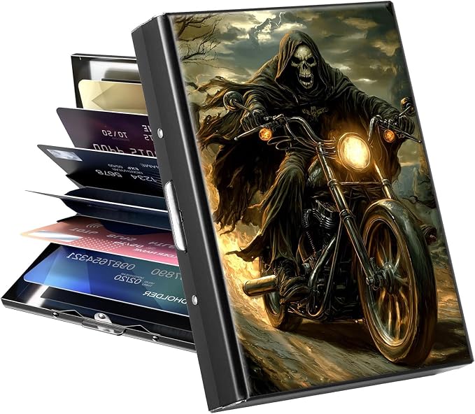 Metal Wallet, Credit Card Holder for Women Men Girls, RFID Blocking Aluminum Wallet Slim Hard Case, Mini Travel Wallet, ID Card Holder Business Card Case,Motorbike Skull