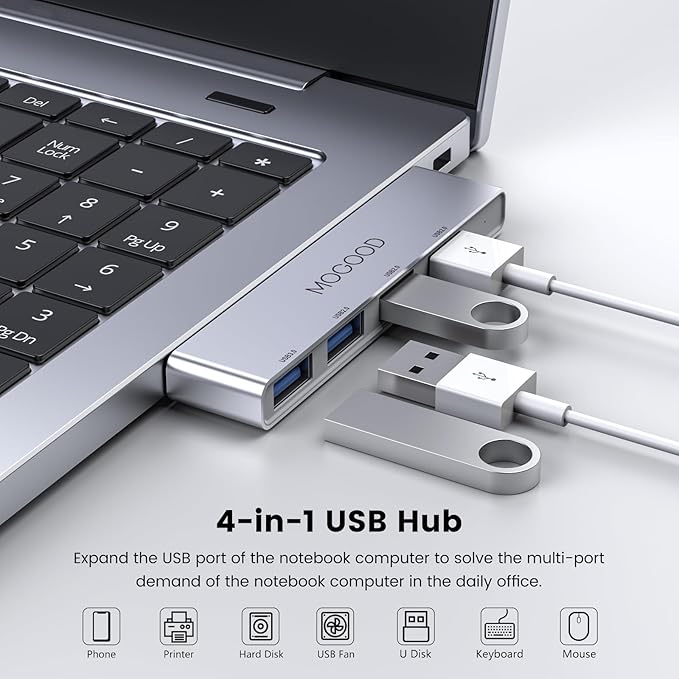 MOGOOD USB 3.0 Hub, Ultra-Slim 4-Port Expander – No Cable, Stays Flush with Laptop – Expand Ports for Keyboard, Mouse, Flash Drive, Printer (Right Side)