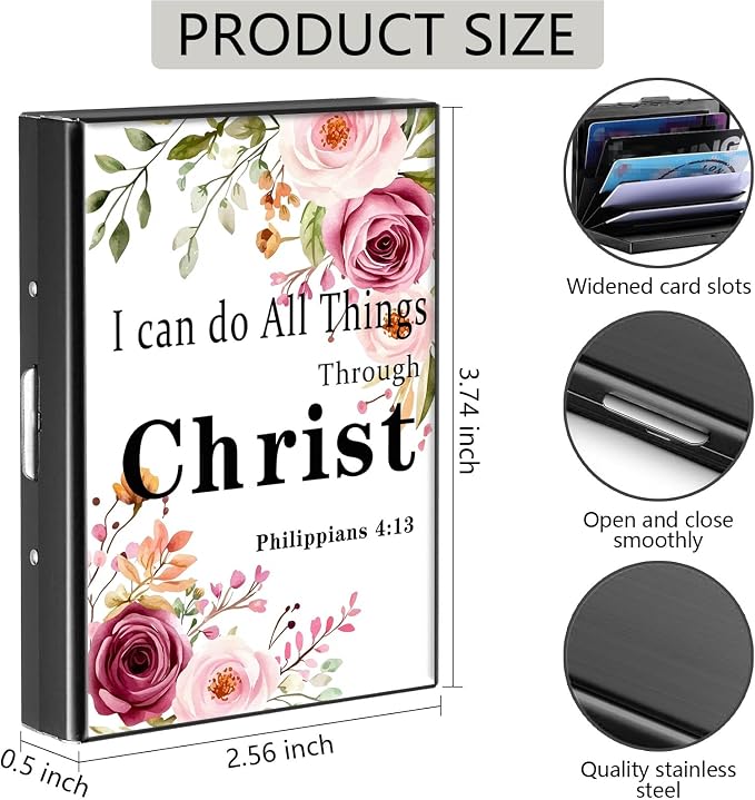 Credit Card Holder Philippians 4-13 Design Mini RFID Blocking Aluminum Wallet Slim Metal Hard Cover Shell Travel Wallet ID Cases Small Credit Cards Case Business Cards for Women Men Girls