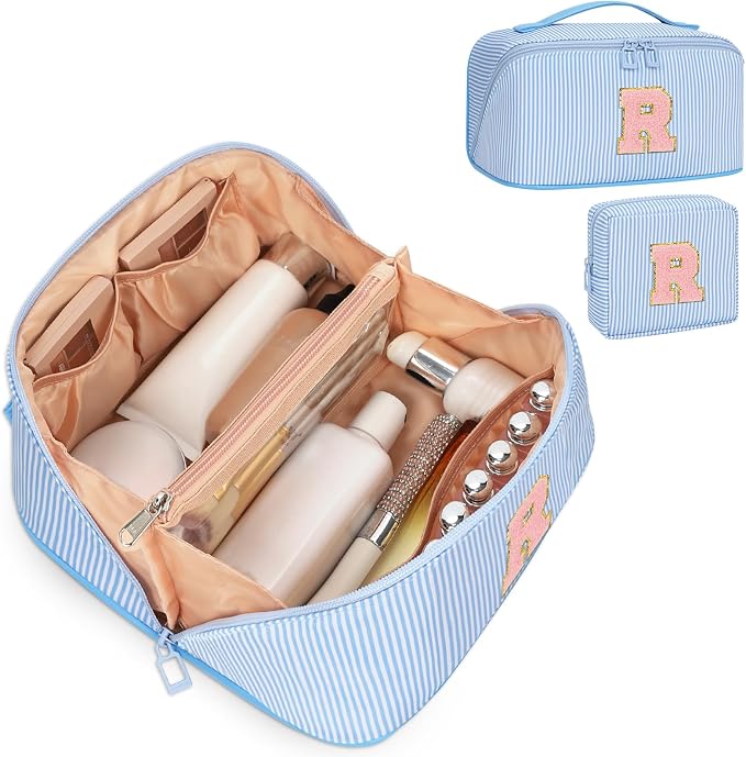 2026 Graduation Gifts - Travel Makeup Bag for Women, 2Pcs Portable Personalized Initial Makeup Organizer Bag, Open Flat Large Cosmetic Bag With Travel Essential Pouch (Blue Letter R)