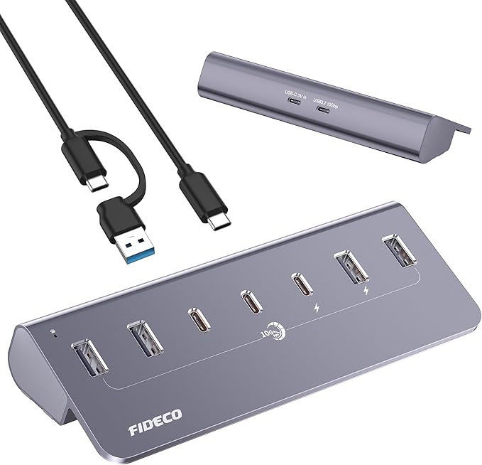 FIDECO Powered USB Hub, 7 Port 10Gbps Fast Data Hub for iPhone 16/15 and Laptop, Full Aluminum USB Splitter with 5V 3A Power Adapter, 4 USB A and 3 USB C Ports, Support BC1.2 Charging (Grey)