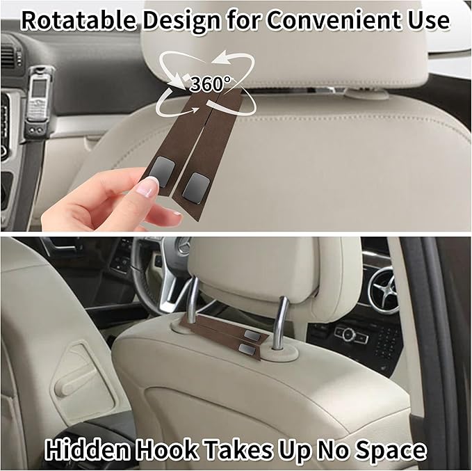 vidonio 2 Pack Double Car Seat Hooks for Headrest, Rotatable Purse Holder for Car, Premium Leather Seat Back Storage Hook for Purses, Handbags, Bags (Brown)
